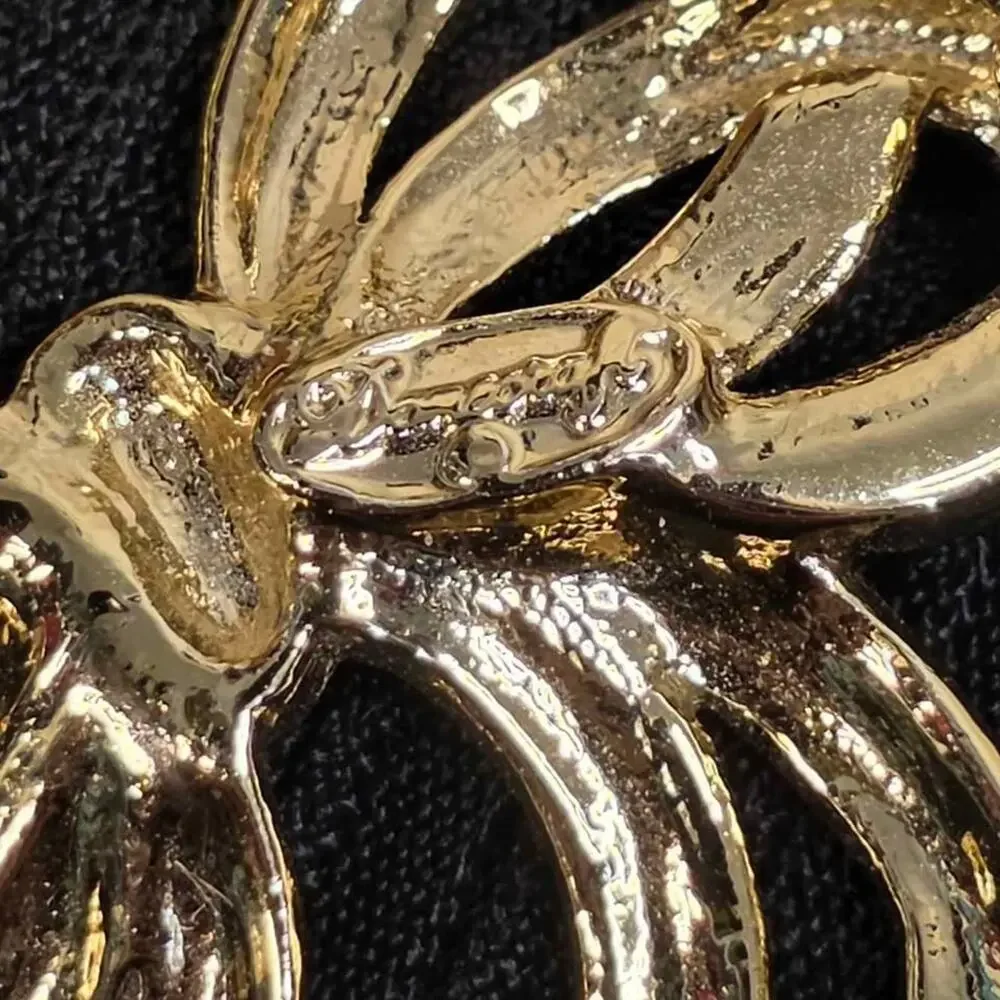 Vintage Bow Brooch Gold Tone Rhinestone Coquette Danecraft Signed
